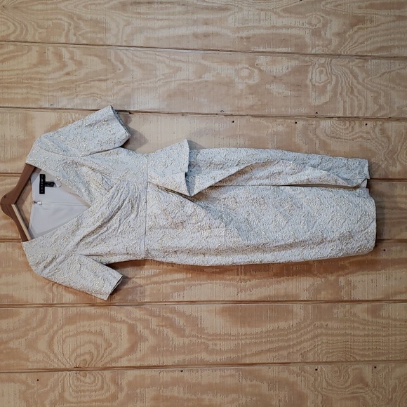 Aidan Mattox New Light Gold Short Sleeve Jacquard Sheath Dress Size 4 - Picture 3 of 7